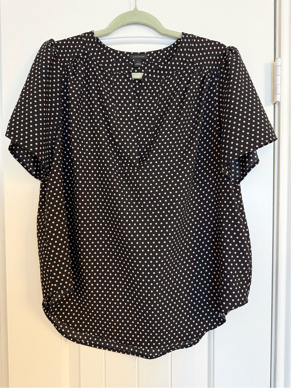 Ann Taylor Black Short Sleeve Blouse with Light Pink Polka Dots